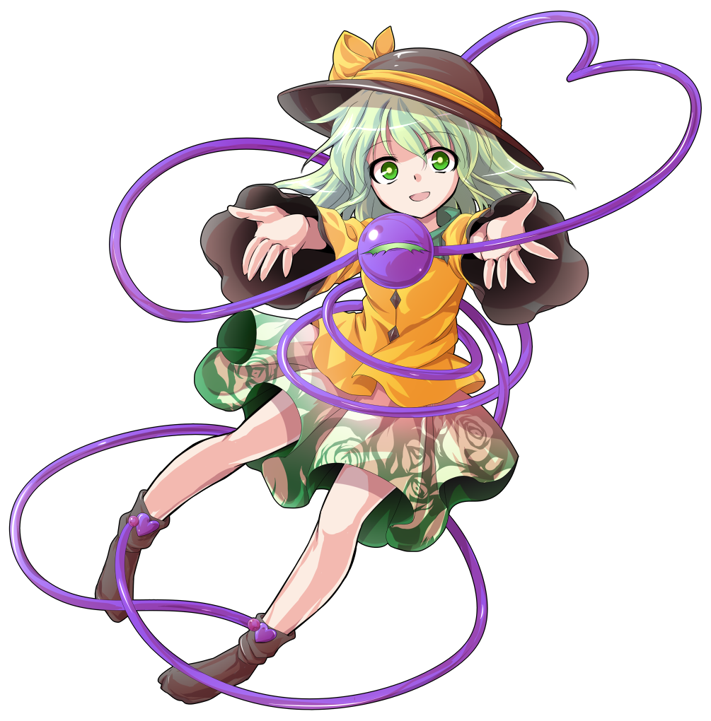 1girl alphes_(style) boots dairi eyeball floral_print full_body green_eyes green_hair hat hat_ribbon heart heart_of_string komeiji_koishi long_sleeves looking_at_viewer open_mouth outstretched_arms parody ribbon shirt short_hair simple_background skirt smile solo string style_parody third_eye touhou white_background wide_sleeves