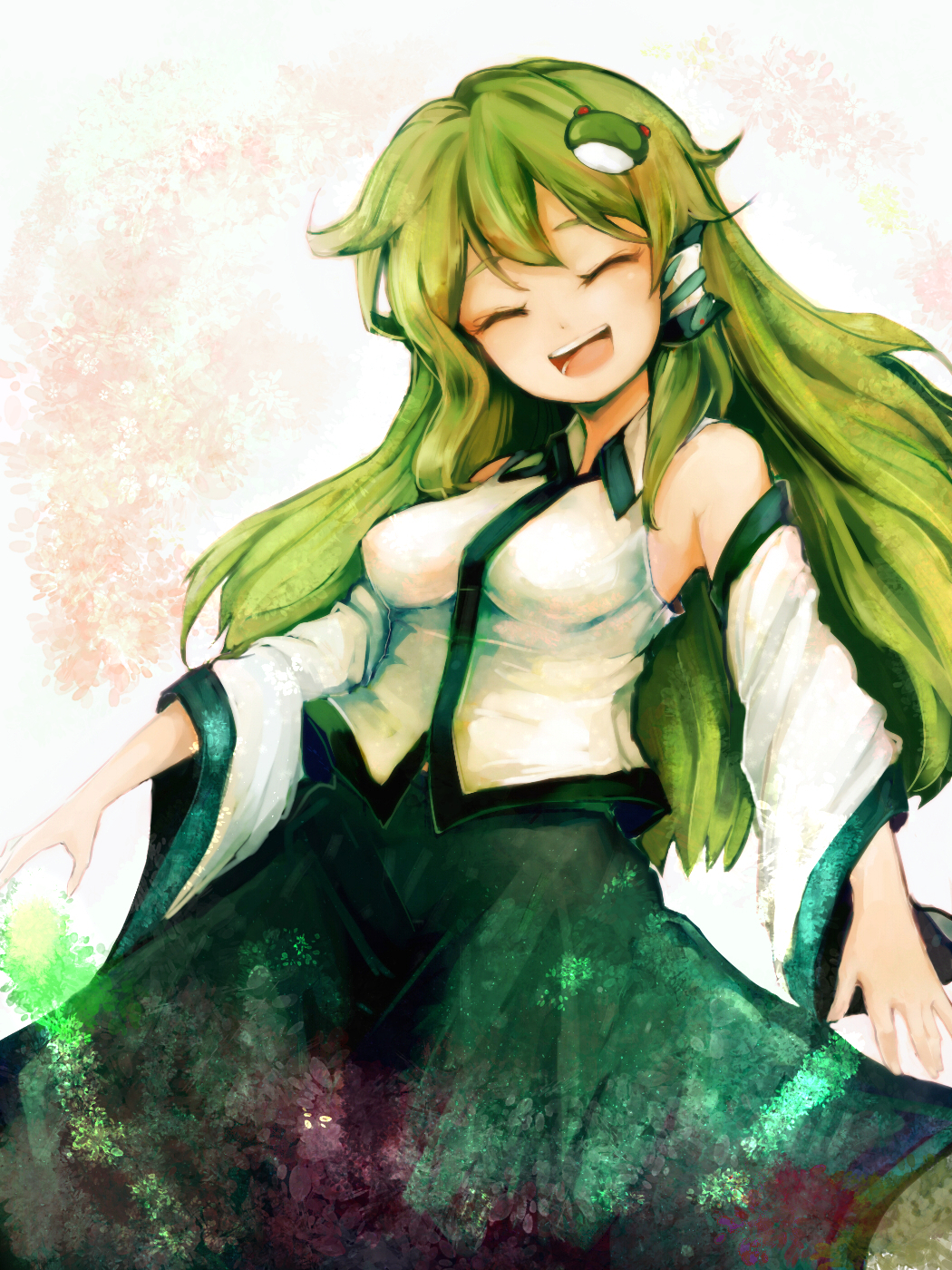 1girl bare_shoulders closed_eyes detached_sleeves frog_hair_ornament green_hair hair_ornament highres kochiya_sanae long_sleeves open_mouth shirt skirt smile snake_hair_ornament solo touhou wataichi_meko wide_sleeves