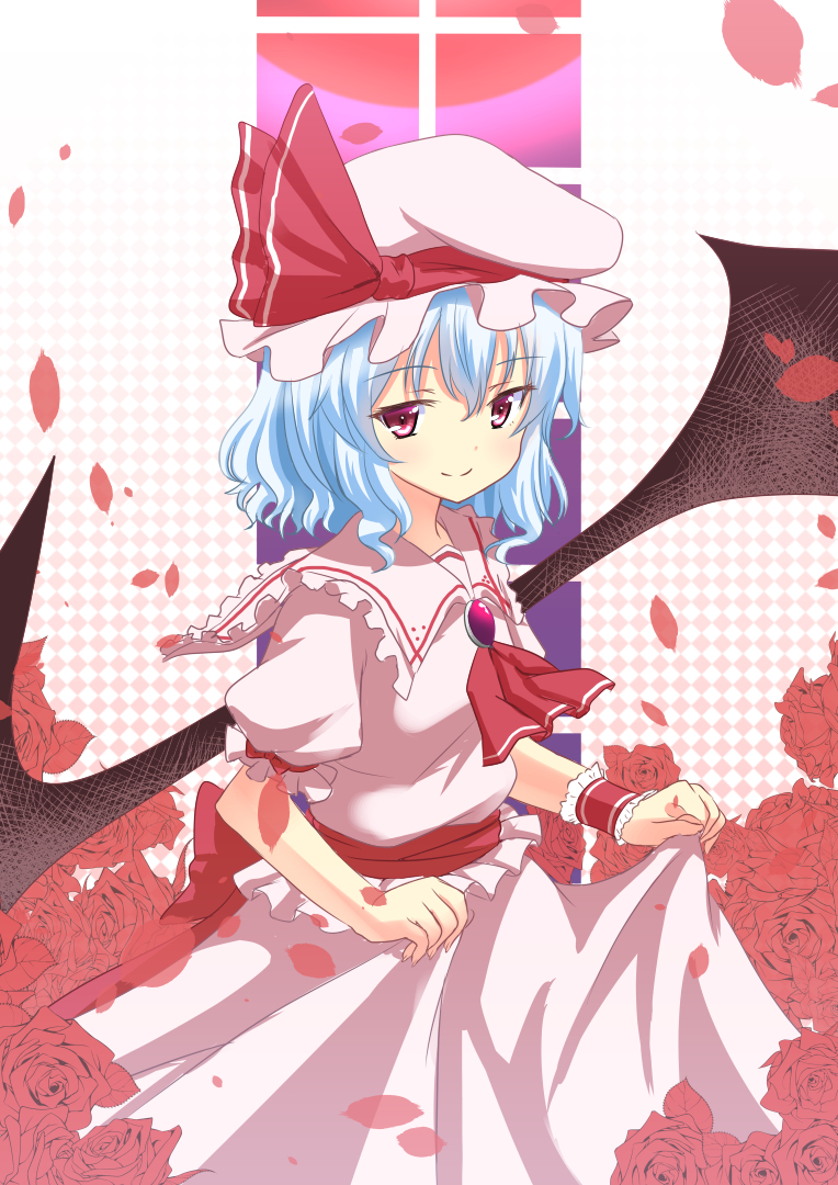 1girl ascot bat_wings blue_hair brooch checkered checkered_background flower full_moon gradient gradient_background hakuto_(28syuku) hat hat_ribbon jewelry looking_at_viewer mob_cap moon petals puffy_short_sleeves puffy_sleeves red_eyes red_moon red_rose remilia_scarlet ribbon rose short_hair short_sleeves skirt skirt_hold skirt_set smile solo touhou window wings wrist_cuffs