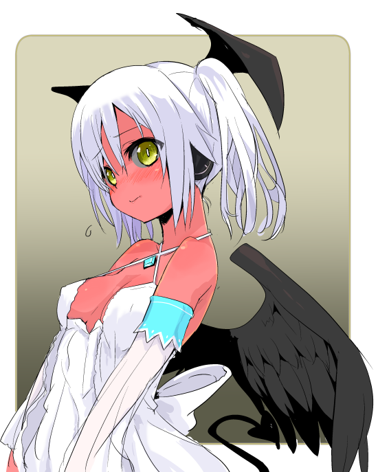 1girl bare_shoulders black_wings blush breasts bust criss-cross_halter demon_tail detached_sleeves dress halter_top halterneck head_wings looking_at_viewer red_skin shirow_(crazy) solo tail twintails white_dress white_hair wings yellow_eyes