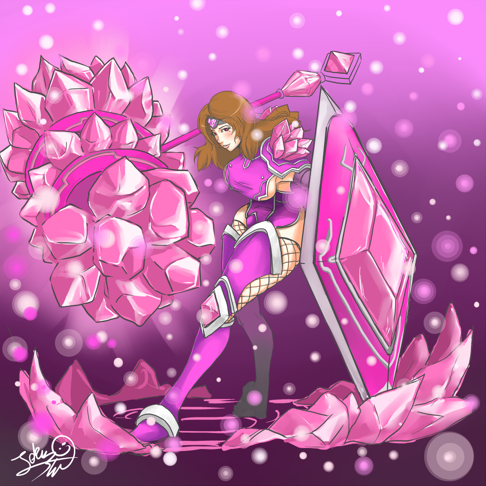 1girl armor blush breasts brown_hair crystal fishnets forehead_protector genderswap hammer league_of_legends long_hair pink_eyes shield solo taric thigh-highs trombe weapon