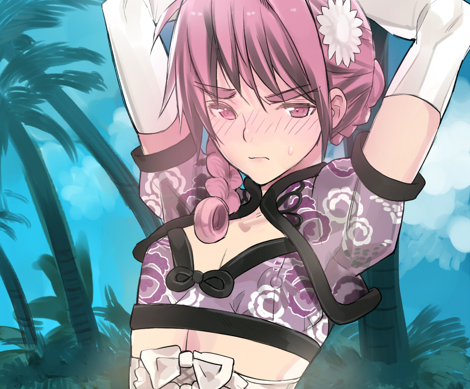 1boy arms_up blue_sky blush braid bush chinese_clothes clouds corset crossdressinging elbow_gloves flower glaring gloves hair_flower hair_ornament nipples original palm_tree pink_eyes pink_hair rand_(artist) side_braid sky solo trap tree waon_(rand) white_bow white_gloves