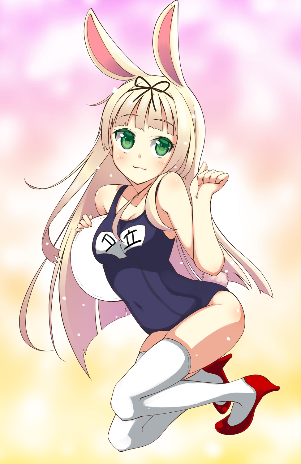 1girl akino_sora animal_ears animal_pose blonde_hair blush bunny_tail green_eyes hair_ribbon high_heels highres kantai_collection long_hair one-piece_swimsuit rabbit_ears red_shoes ribbon school_swimsuit shoes smile solo squatting swimsuit tail thighhighs white_legwear yuudachi_(kantai_collection)