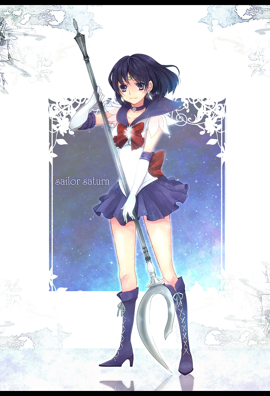 1girl albatross_m bishoujo_senshi_sailor_moon black_hair boots character_name choker cross-laced_footwear crystal earrings elbow_gloves full_body gloves high_heel_boots highres jewelry knee_boots letterboxed pleated_skirt purple_boots purple_skirt sailor_saturn short_hair silence_glaive skirt solo standing tomoe_hotaru violet_eyes weapon