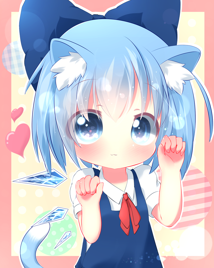 1girl :3 akisha animal_ears blue_eyes blue_hair bow cat_ears cat_tail cirno dress hair_bow heart ice kemonomimi_mode looking_at_viewer short_hair smile solo tail touhou wings