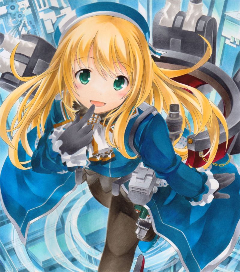 1girl atago_(kantai_collection) black_gloves blonde_hair blush breasts cannon finger_to_mouth gears gloves green_eyes hat kantai_collection large_breasts long_hair marker_(medium) military military_uniform open_mouth pantyhose pastel_(medium) personification ripples smile solo tatara_kaeru traditional_media turret uniform water