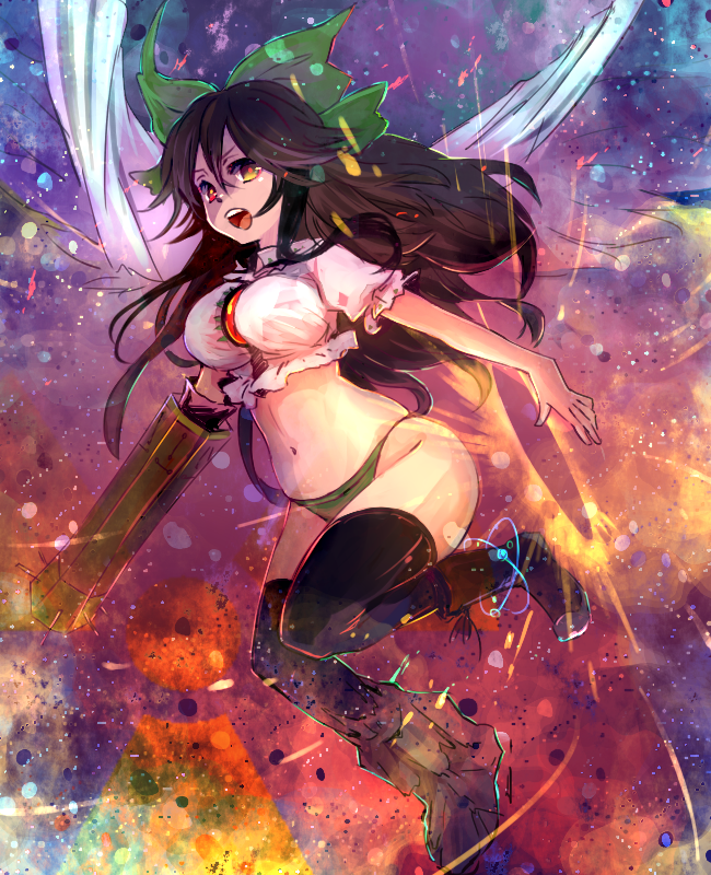 1girl arm_cannon black_legwear boots bow breasts brown_eyes brown_hair cape green_panties hair_bow large_breasts long_hair looking_at_viewer meiji_(charisma_serve) midriff navel no_pants open_mouth panties puffy_sleeves reiuji_utsuho shirt short_sleeves solo thighhighs third_eye touhou underwear weapon