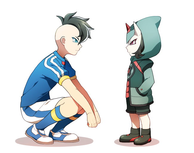 2boys blue_eyes brown_hair crossover fudou_akio hands_in_pockets height_difference horns inazuma_eleven inazuma_eleven_(series) inazuma_eleven_go inazuma_eleven_go_galaxy inazuma_japan male mio_(jian_wei) multicolored_hair multiple_boys red_eyes rodan_gasugusu simple_background soccer_uniform squatting standing time_paradox two-tone_hair white_background white_hair