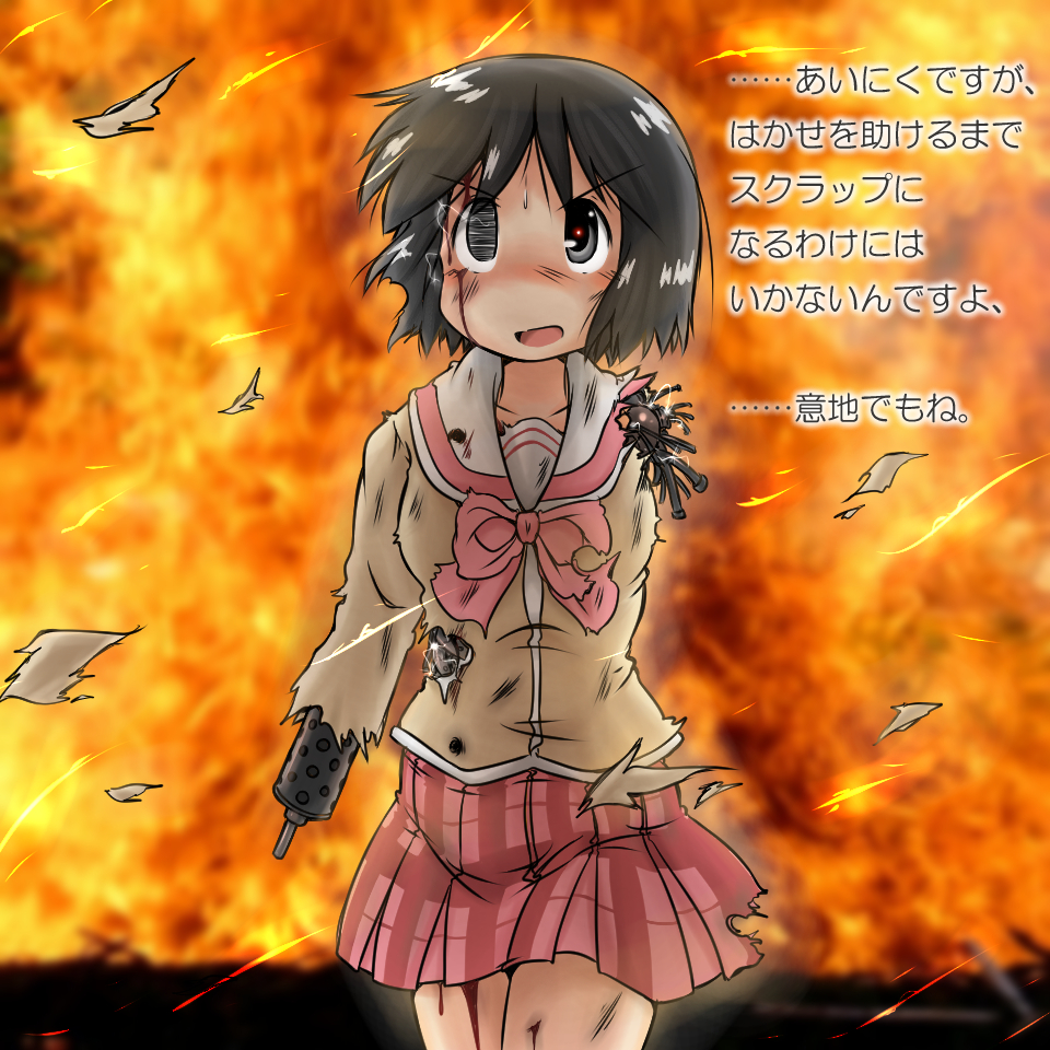 1girl black_hair blood broken_arm bullet_hole burnt cyborg damaged fire gaketsu glowing glowing_eye gun nichijou open_mouth parody robot school_uniform serafuku shinonome_nano short_hair skirt solo terminator translated weapon