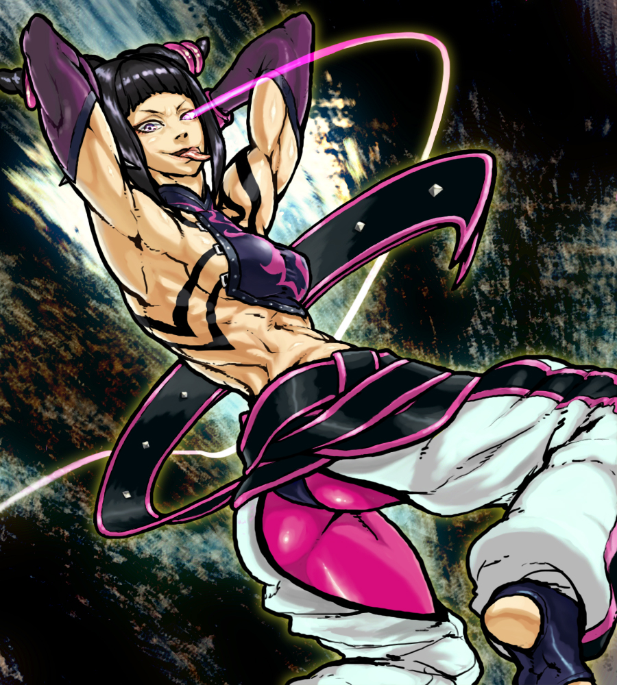 1girl abs armpits arms_up ass back baggy_pants belt black_hair breasts detached_sleeves glowing glowing_eye halter_top halterneck han_juri midriff muscle pantyhose pink_legwear short_twintails sideboob solo street_fighter street_fighter_iv super_street_fighter_iv toeless_socks tongue tongue_out twintails yellow_eyes youken