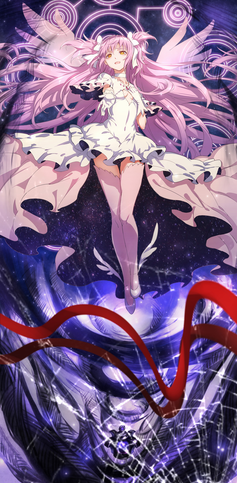 1girl blush bow breasts choker cleavage cleavage_cutout dress gloves goddess_madoka hair_bow highres kaname_madoka long_hair looking_at_viewer mahou_shoujo_madoka_magica outstretched_hand pink_hair ryuuzaki_ichi small_breasts solo soul_gem spoilers tears thighhighs twintails white_gloves yellow_eyes