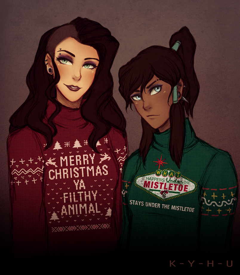 2girls asami_sato avatar:_the_last_airbender blue_eyes brown_hair christmas dark_skin ear_piercing eyebrow_piercing eyeshadow green_eyes hair_tubes k-y-h-u korra legend_of_korra lipstick long_hair makeup multiple_girls piercing sweater turtleneck