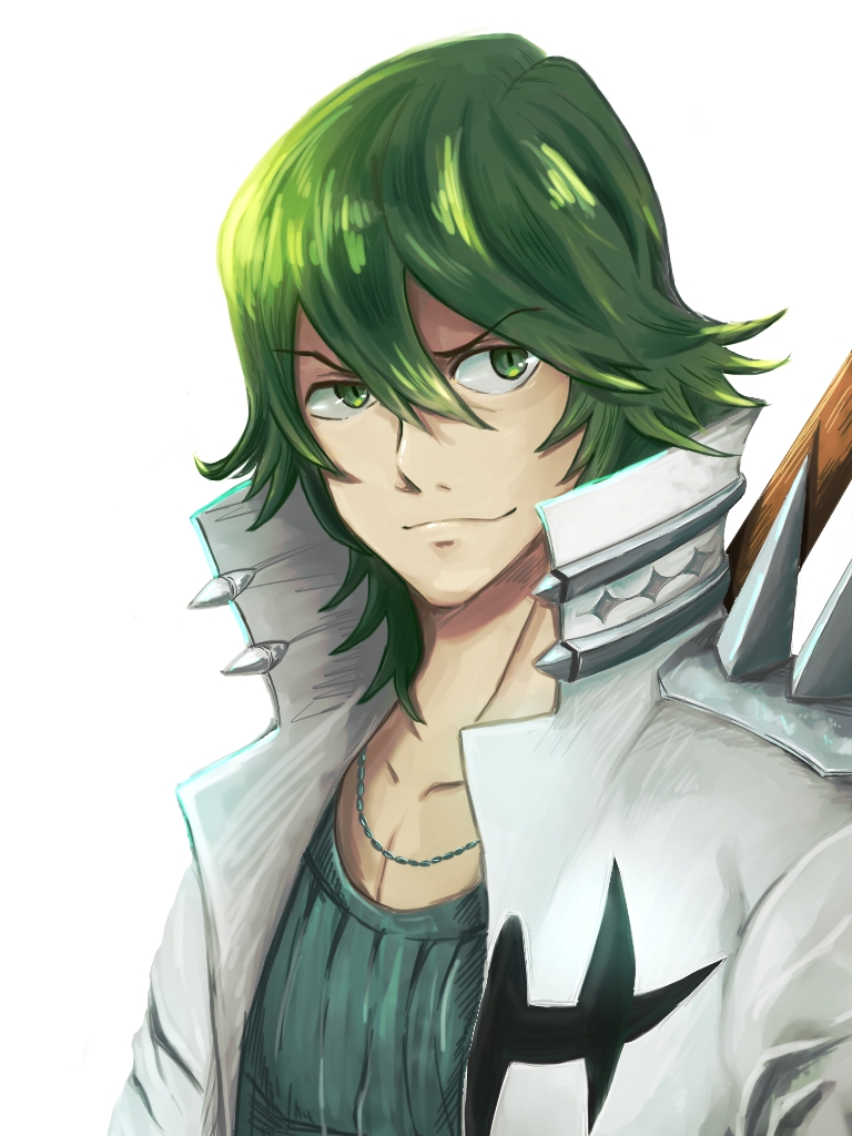 coat green_eyes green_hair jewelry kill_la_kill necklace sanageyama_uzu smile uniform wooden_sword