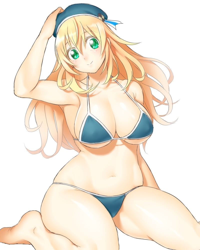 1girl alternate_costume atago_(kantai_collection) bikini blonde_hair blush breasts cleavage green_eyes hat kantai_collection large_breasts long_hair looking_at_viewer navel onsoku_maru personification simple_background smile solo swimsuit white_background