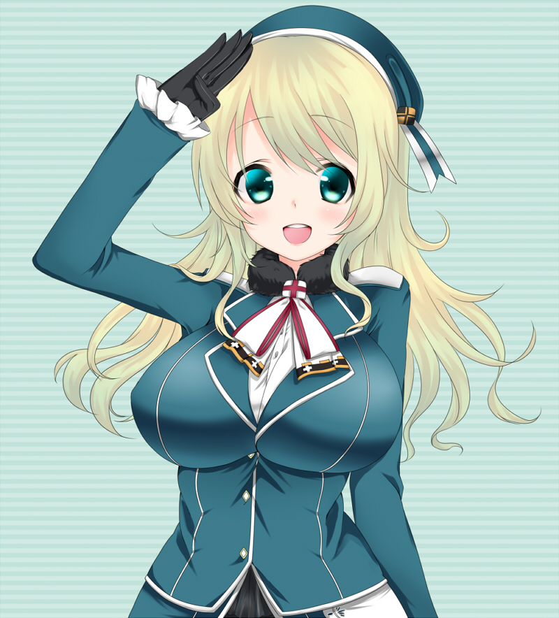1girl amu_4244 aqua_eyes atago_(kantai_collection) blonde_hair breasts gloves hat kantai_collection large_breasts looking_at_viewer open_mouth personification ribbon salute solo