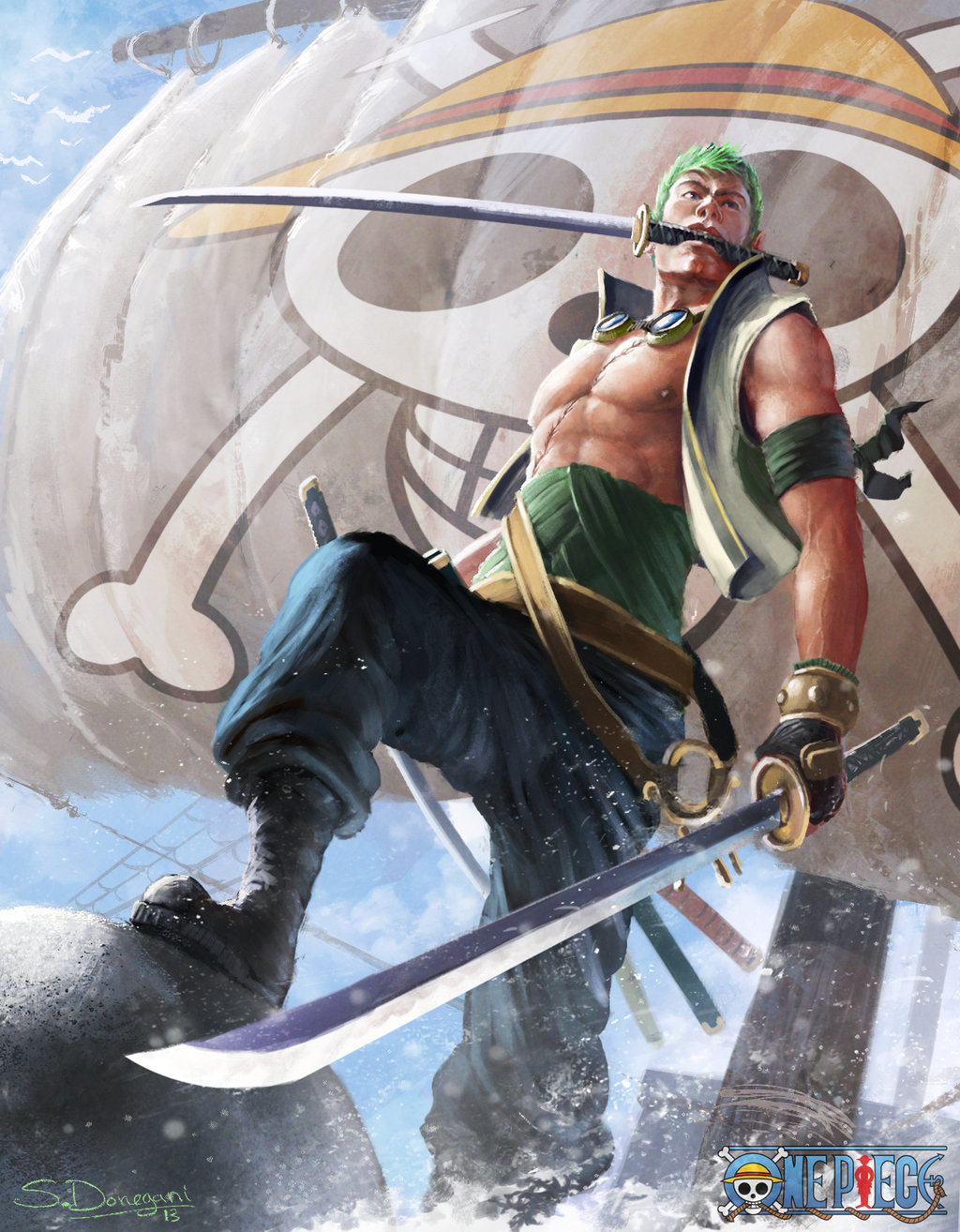 1boy 2013 bird boots cloudy_sky copyright_name gloves goggles goggles_around_neck green_hair highres jolly_roger katana male mouth_hold nipples one_piece open_vest realistic roronoa_zoro sail scar sheath ship short_hair signature solo steven_donegani straw_hats_jolly_roger sword toned triple_wielding veins water_droplets weapon