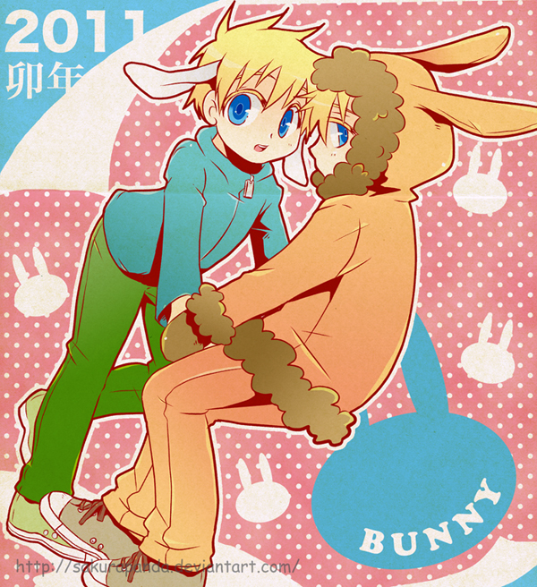 2011 2boys animal_ears blonde_hair blue_eyes butters_stotch coat couple dated kenny_mccormick leopold_stotch looking_at_viewer mittens multiple_boys open_mouth portmanteau rabbit_ears sakurapanda south_park translation_request watermark web_address yaoi