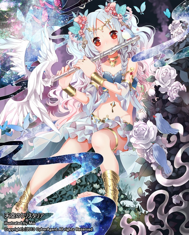 1girl anklet bare_shoulders barefoot bell bird blue_hair butterfly flower flute hair_flower hair_ornament instrument jewelry jingle_bell long_hair mia0309 navel original rabbit red_eyes rose sitting skirt solo twintails wings