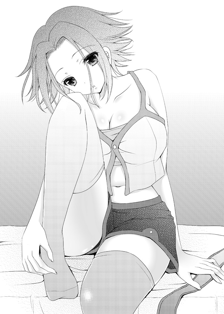 1girl breasts cleavage code_geass headband_removed kallen_stadtfeld midriff mizusawa_nagi monochrome navel short_hair short_shorts shorts sitting solo thighhighs