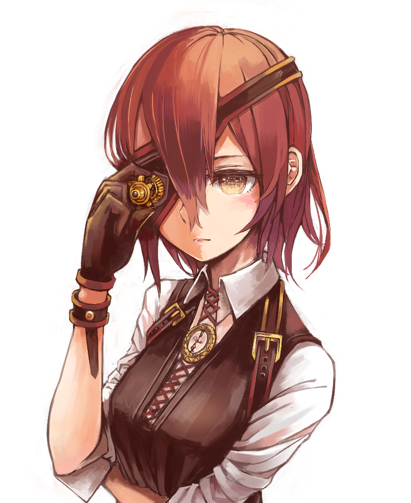 1girl bracelet brown_eyes brown_hair eyepatch gloves jewelry original short_hair solo window1228