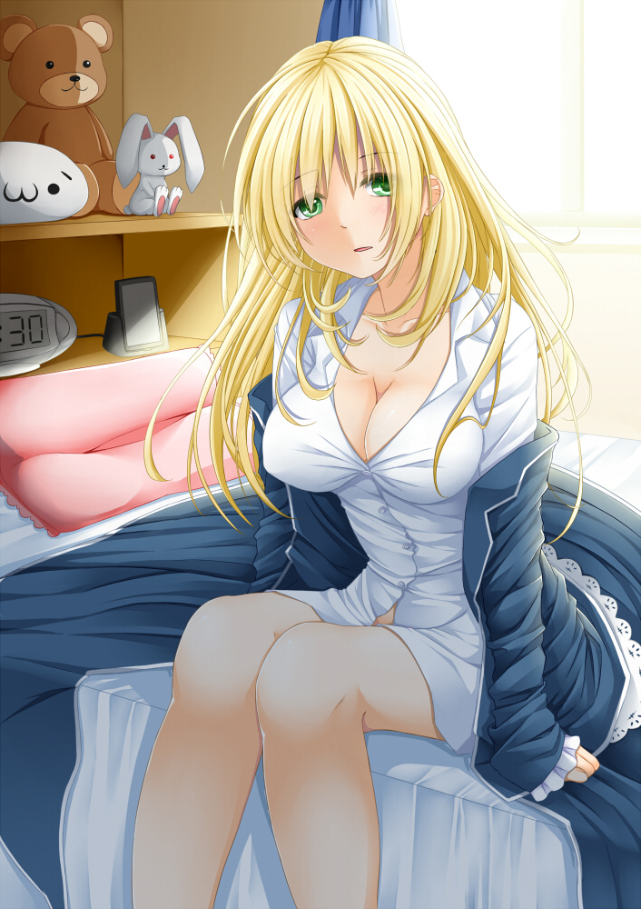 1girl :3 atago_(kantai_collection) blanket blonde_hair breasts cleavage clock creek_(moon-sky) green_eyes kantai_collection large_breasts no_hat open_mouth personification pillow sitting solo stuffed_animal stuffed_bunny stuffed_toy teddy_bear