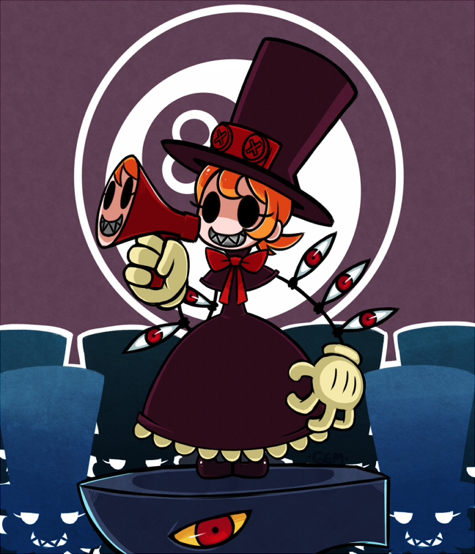 andy_anvil black_eyes bow dress extra_eyes gias-ex-machella gloves hat logo megaphone orange_hair parted_lips peacock_(skullgirls) red_eyes sharp_teeth short_hair skullgirls smile solo_focus tagme top_hat yellow_sclera