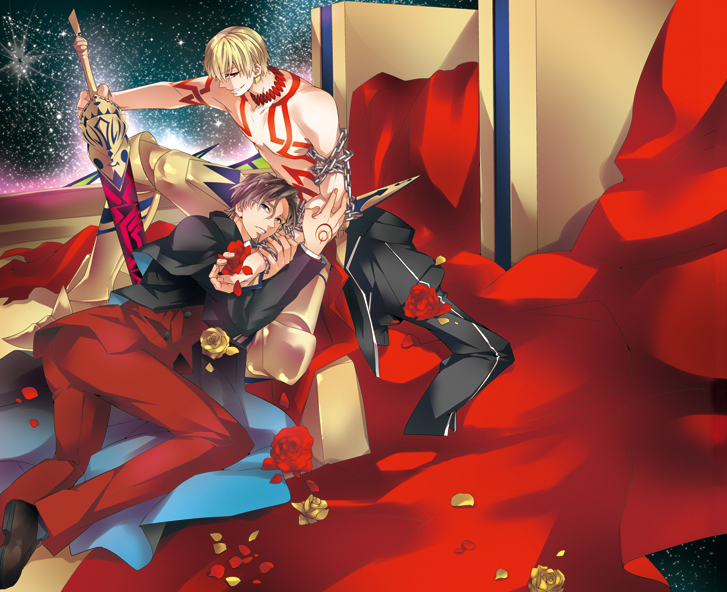 2boys blonde_hair blue_eyes brown_hair command_spell ea_(fate/stay_night) facial_hair fate/hollow_ataraxia fate/zero fate_(series) flower formal goatee ichitaka jewelry multiple_boys necklace petals red_rose rose shirtless suit tattoo toosaka_tokiomi weapon yellow_rose