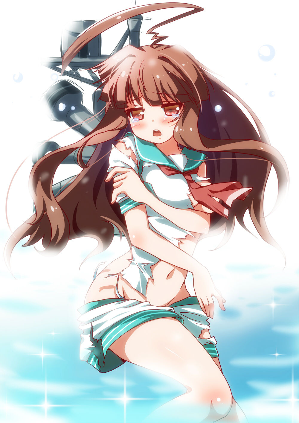 1girl ahoge brown_eyes brown_hair highres kantai_collection kazushima kuma_(kantai_collection) long_hair machinery mound_of_venus navel open_mouth personification ribbon solo tears torn_clothes