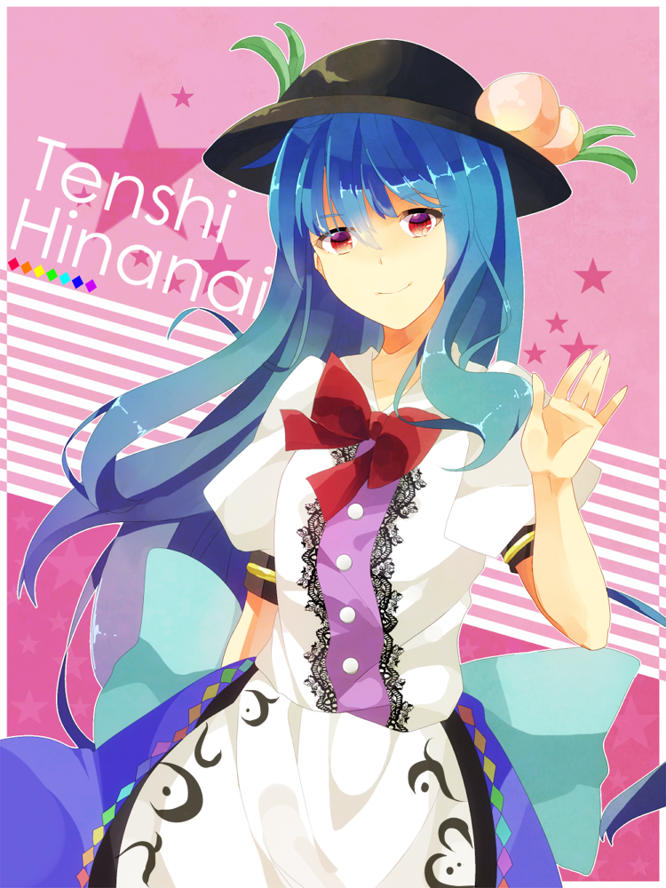 1girl blue_hair bow character_name food fruit hat hinanawi_tenshi hourai_ninjin long_hair looking_at_viewer peach red_eyes solo star touhou waving