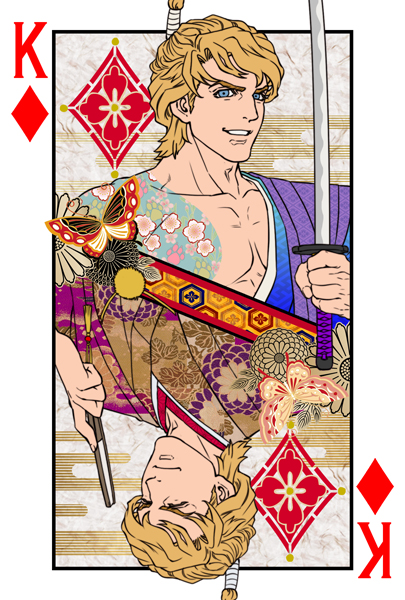 blonde_hair blue_eyes card dual_persona fan folding_fan katana keith_goodman playing_card samurai sword tattoo topknot upside-down v-room weapon