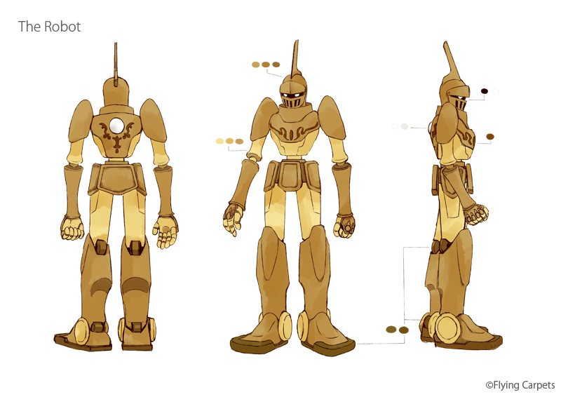 character_name character_sheet clenched_hand english from_behind monaka_(siromona) no_humans robot simple_background solo standing the_girl_and_the_robot the_robot_(gnr) white_background