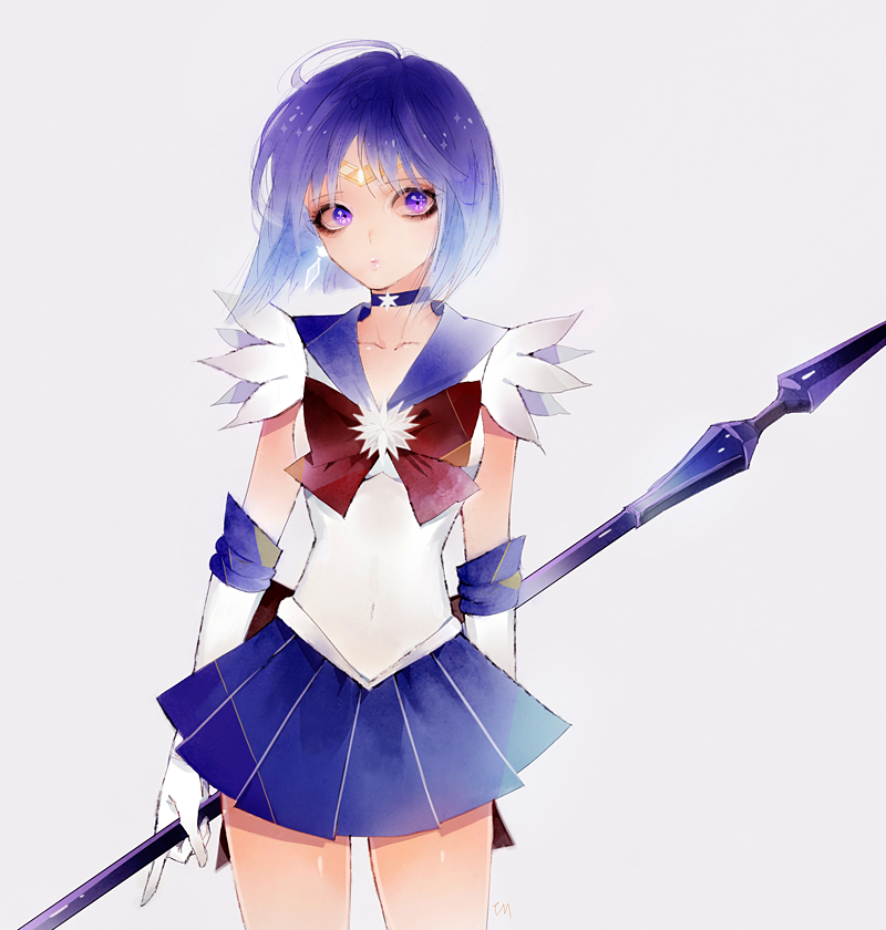 1girl bishoujo_senshi_sailor_moon choker crystal elbow_gloves funpjinju gloves holding purple purple_background purple_skirt sailor_saturn short_hair silence_glaive simple_background solo tomoe_hotaru violet_eyes weapon white_gloves