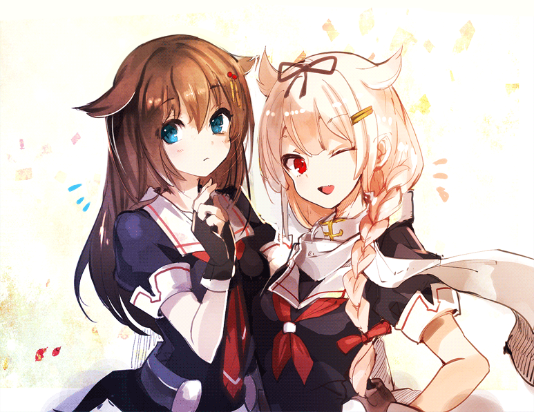 2girls :&lt; ;d alternate_hairstyle black_gloves blonde_hair blue_eyes blush bow braid brown_hair fang fingerless_gloves gloves hair_bow hair_ornament hair_ribbon hairclip hairstyle_switch kantai_collection long_hair looking_at_viewer makura-ko_(nacoll) multiple_girls open_mouth red_eyes ribbon school_uniform serafuku shigure_(kantai_collection) single_braid smile wink yuudachi_(kantai_collection)