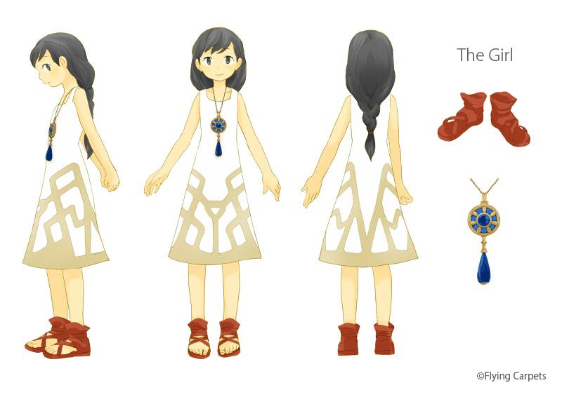 1girl black_hair character_name character_sheet dress english from_behind jewelry long_hair monaka_(siromona) necklace sandals simple_background solo standing the_girl_and_the_robot white_background