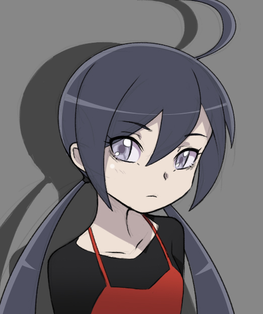 1girl ahoge black_hair bust expressionless fearless_night flat_chest grey_eyes long_hair pale_skin poco_muerte solo spikewible twintails