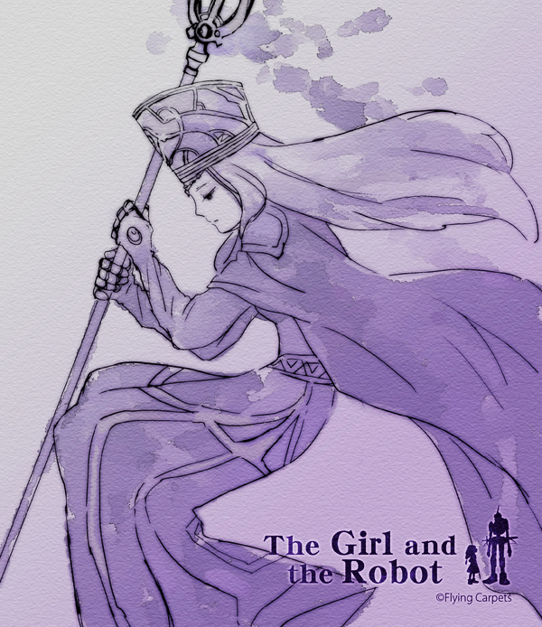 1girl cape copyright_name dress english hat logo long_hair monaka_(siromona) monochrome solo staff the_evil_queen_(gnr) the_girl_and_the_robot