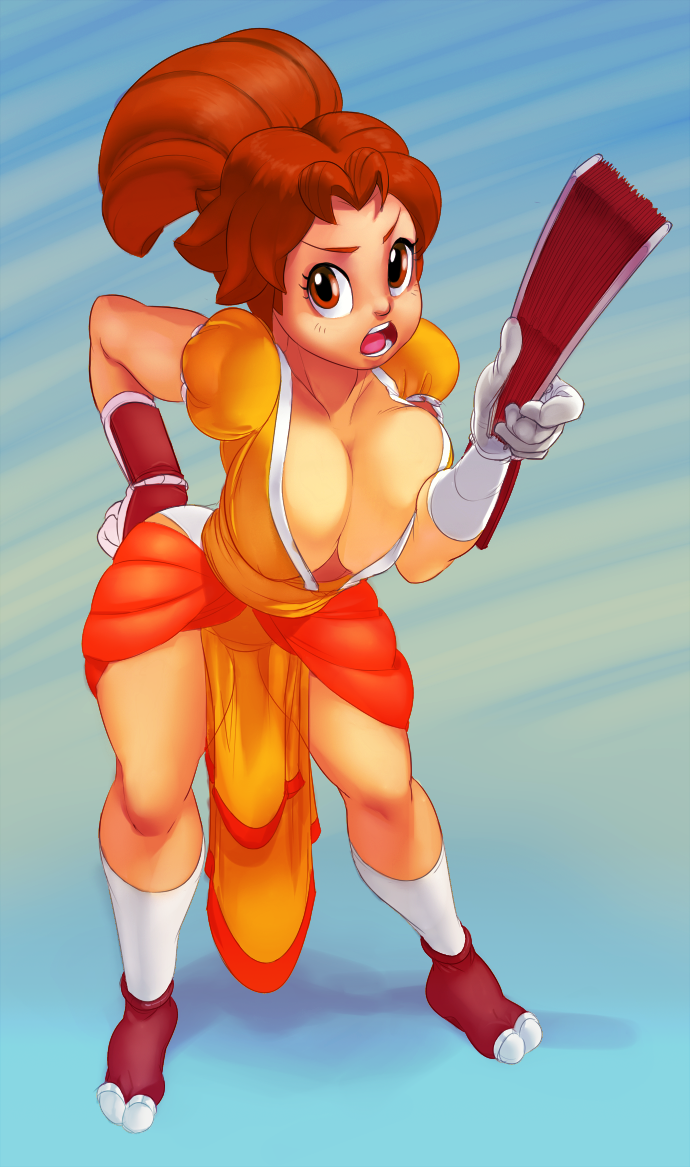 bellend breasts cleavage_cutout fan folding_fan fusion hand_on_hip large_breasts ninja ponytail princess_daisy red_eyes redhead revealing_clothes shiranui_mai socks solo tabi