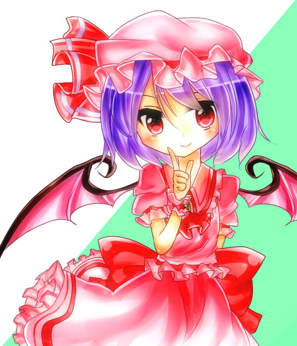 1girl arm_behind_back ascot bat_wings bow brooch hat hat_ribbon index_finger_raised jewelry lavender_hair looking_at_viewer mob_cap red_eyes remilia_scarlet ribbon shairoze_teitoku short_hair simple_background skirt skirt_set smile solo touhou two-tone_background wings wrist_cuffs