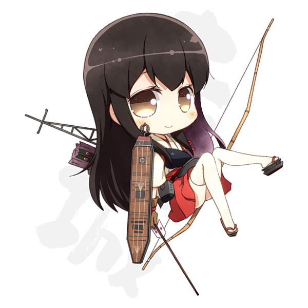 1girl akagi_(kantai_collection) armor arrow black_hair bow_(weapon) brown_eyes chibi gloves japanese_clothes kantai_collection kouji_(campus_life) long_hair looking_at_viewer machinery muneate personification sandals smile solo thigh-highs weapon