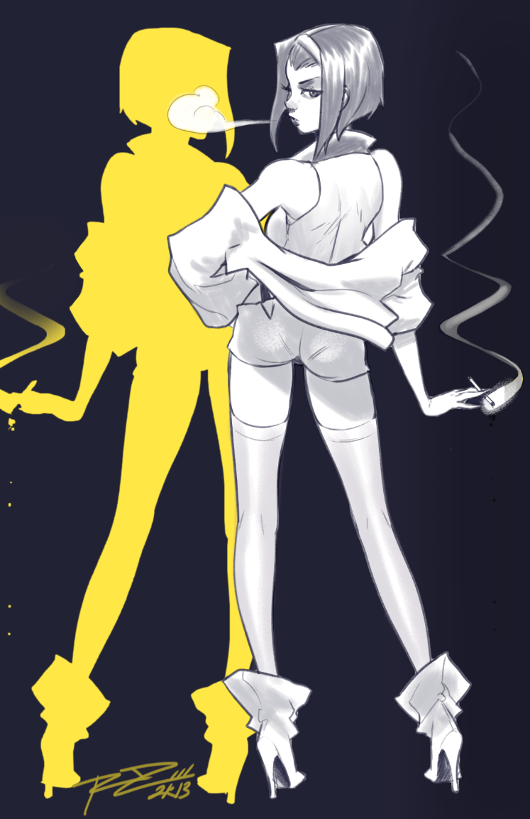 1girl ankle_boots boots cigarette cowboy_bebop faye_valentine hairband hand_on_hip high_heels lips monochrome nose off_shoulder robert_porter short_hair short_shorts shorts signature silhouette sketch smoke smoking solo stiletto_heels suspenders thigh-highs