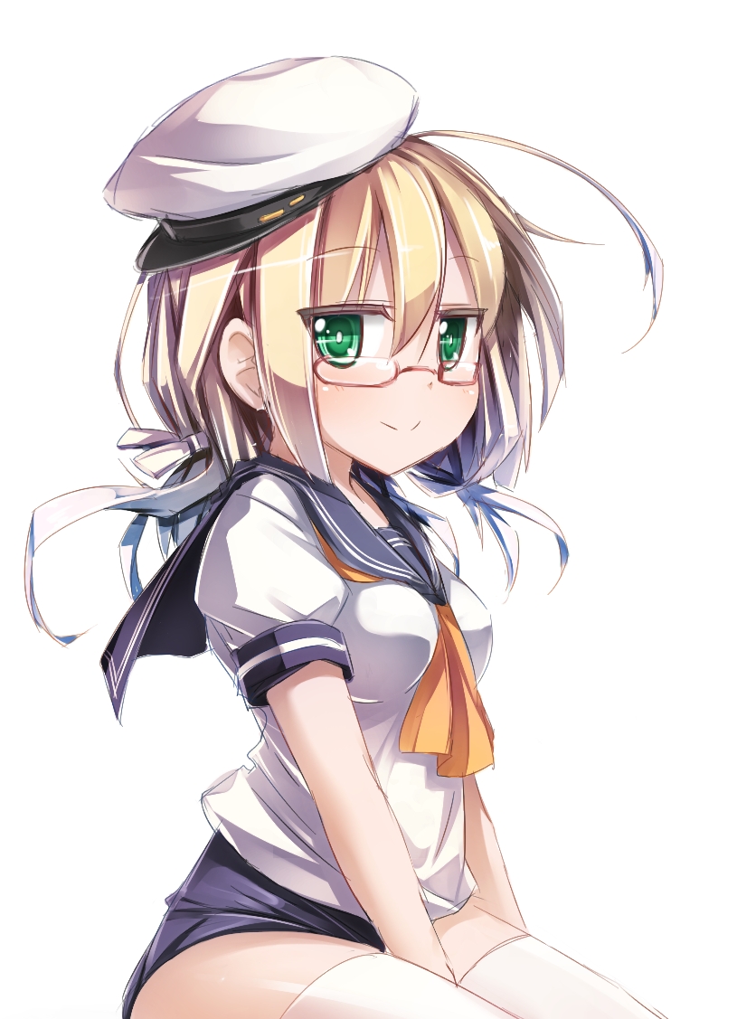 1girl blonde_hair glasses green_eyes hair_ribbon hat i-8_(kantai_collection) kantai_collection looking_at_viewer moegi_nenene personification ribbon smile solo swimsuit swimsuit_under_clothes thigh-highs