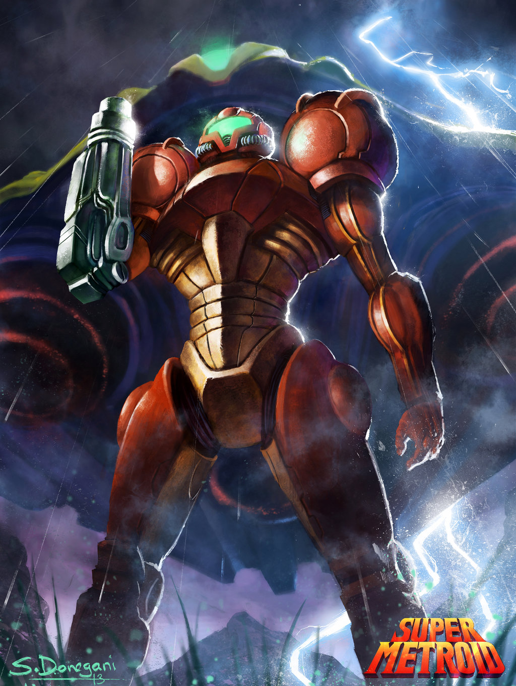 1girl 2013 arm_cannon armor cloudy_sky copyright_name full_armor grass highres lightning metroid nintendo power_armor power_suit rain samus_aran signature solo space_craft steven_donegani super_metroid varia_suit visor weapon