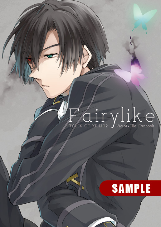 1boy black_hair butterfly character_name coat copyright_name green_eyes grey_background heterochromia male red_eyes sample scar solo spoilers tales_of_(series) tales_of_xillia tales_of_xillia_2 victor_(tales) yogura