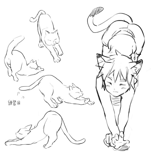 1boy animal_ears cat cat_ears cat_tail closed_eyes hands monochrome multiple_views neko_otouto original paws pointy_hair rand_(artist) shorts simple_background sketch stretch tail translation_request wavy_mouth white_background