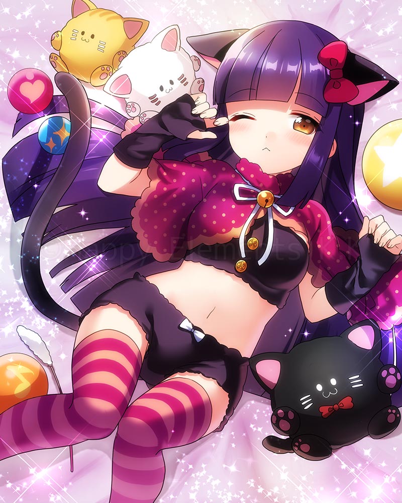 1girl :&lt; amber_eyes animal_ears ball bangs bell blunt_bangs bow bra cat_ears ensemble_girls fingerless_gloves gloves long_hair lying midriff navel on_back original panties shawl solo sparkle striped striped_legwear stuffed_animal stuffed_cat stuffed_toy tail thighhighs underwear watermark wink zettai_ryouiki