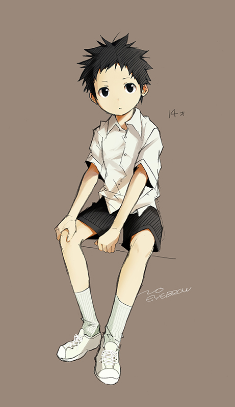 1boy black_eyes black_hair looking_at_viewer male mauveboy original short_hair simple_background sitting solo translation_request