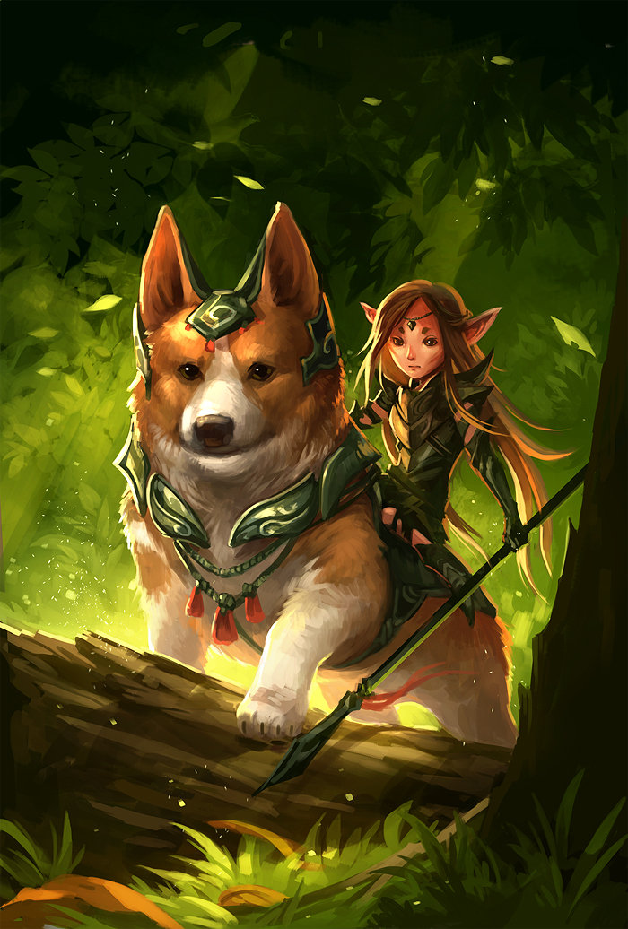 armor dog fairy forest minigirl nature original pointy_ears polearm sandara spear weapon welsh_corgi