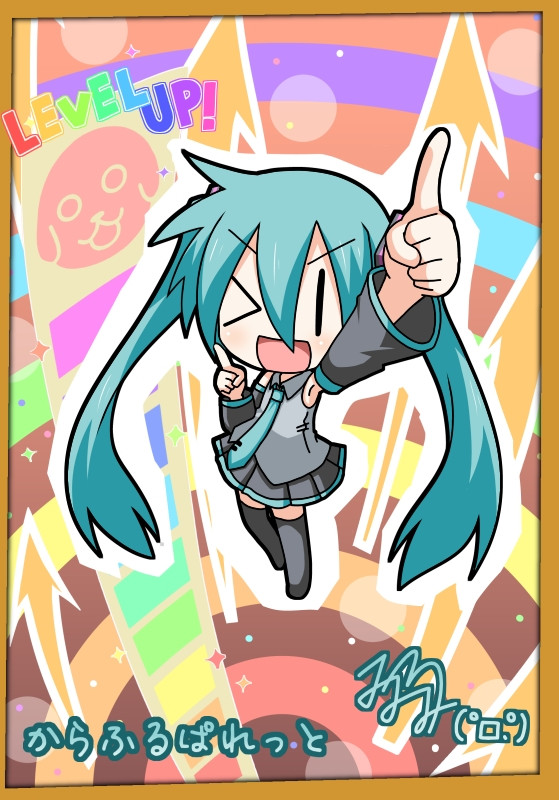 &gt;_o 1girl aqua_hair arm_up chibi detached_sleeves dog hamo_(dog) hatsune_miku long_hair minami_(colorful_palette) necktie open_mouth pointing pointing_up skirt smile solo thighhighs translation_request twintails vocaloid wink |_|