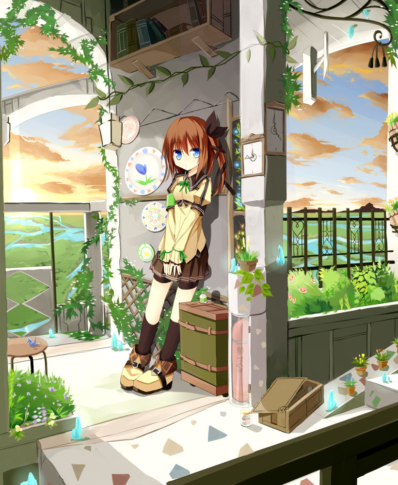 1girl against_wall armband blue_eyes box brown_hair clock fence long_hair looking_at_viewer lucena_winter original paper_crane river shorts_under_skirt skirt solo stool sunset yuuhagi_(amaretto-no-natsu)