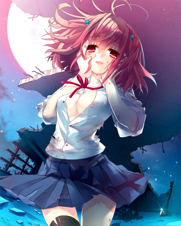 1girl black_legwear blood blush breasts cleavage e-nya hair_bobbles hair_ornament hands_on_own_cheeks hands_on_own_face moon moriah_saga night night_sky no_bra open_clothes open_mouth pink_hair red_eyes ruins school_uniform short_hair skirt sky solo star_(sky) thighhighs torn_clothes unbuttoned